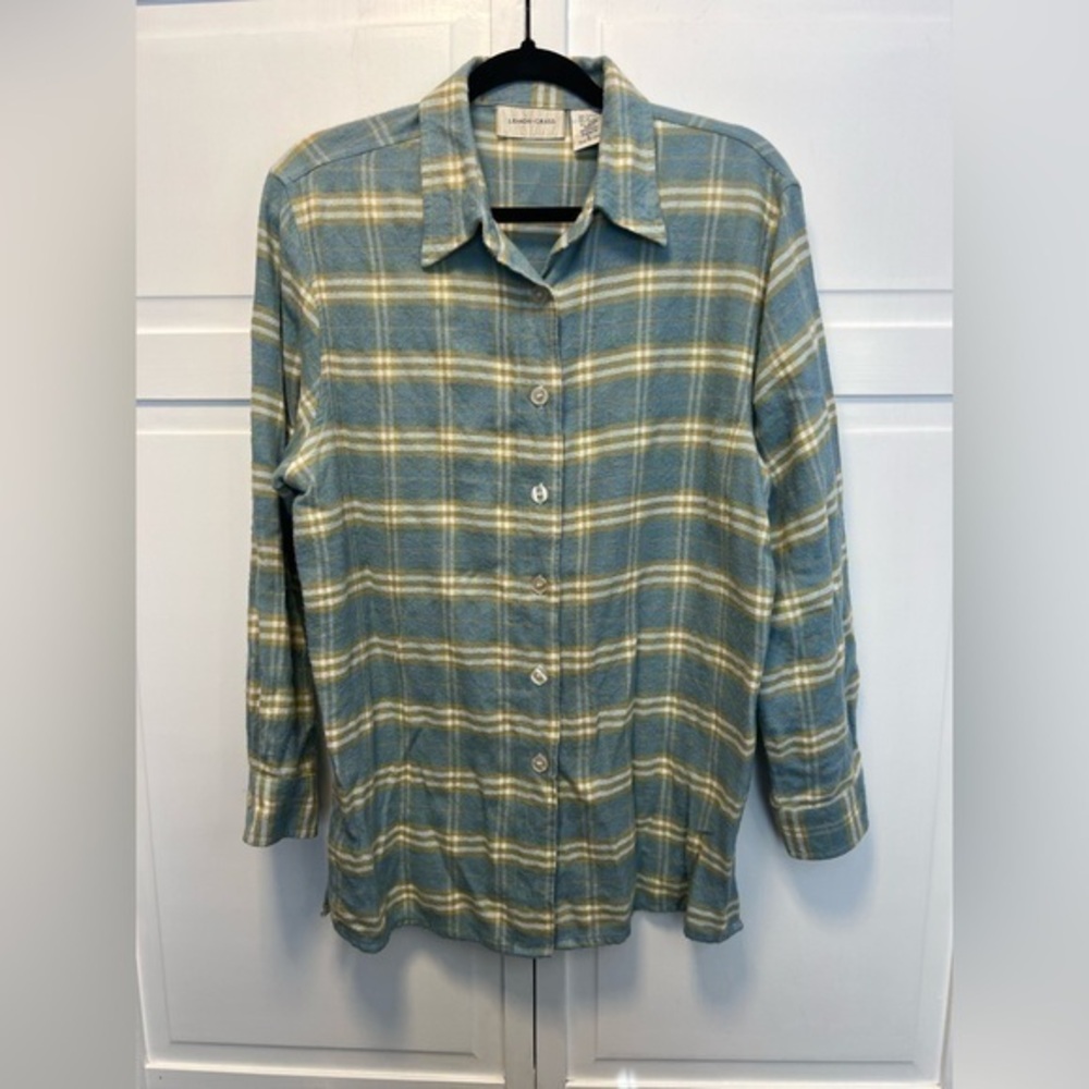 Vintage Lemon Grass Plaid Long Sleeve Button Down Flannel Shirt
